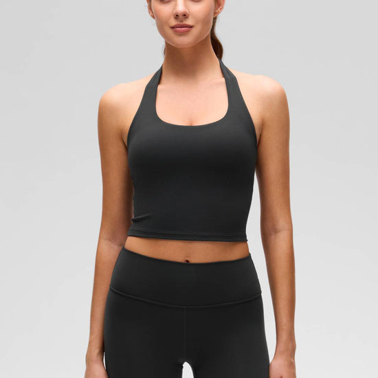 Womens Scoop Neck Longline Halter Sports Bra Black
