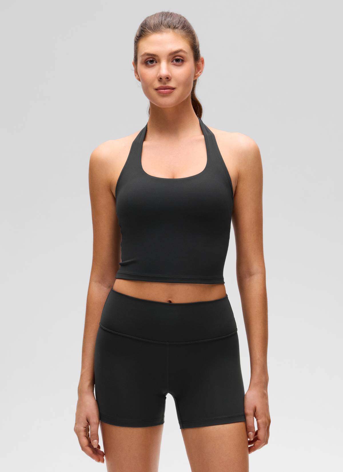 Womens Scoop Neck Longline Halter Sports Bra Black