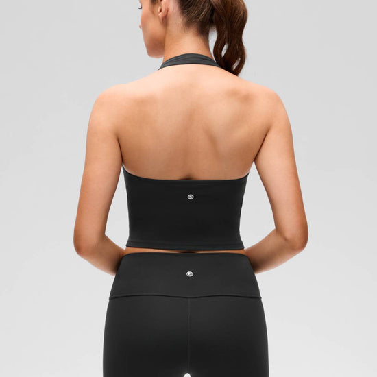 Womens Scoop Neck Longline Halter Sports Bra Black