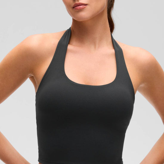 Womens Scoop Neck Longline Halter Sports Bra Black