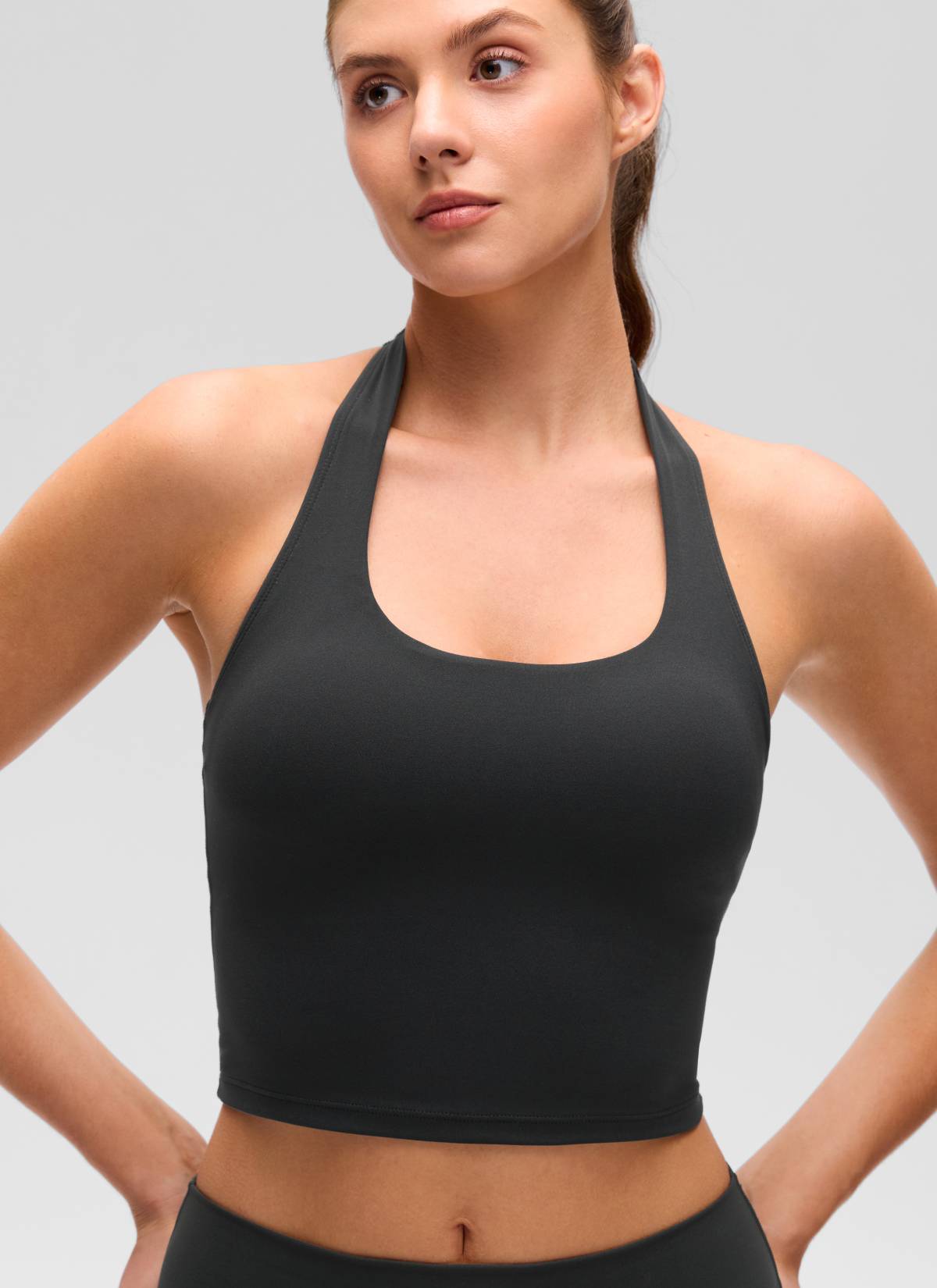 Womens Scoop Neck Longline Halter Sports Bra Black
