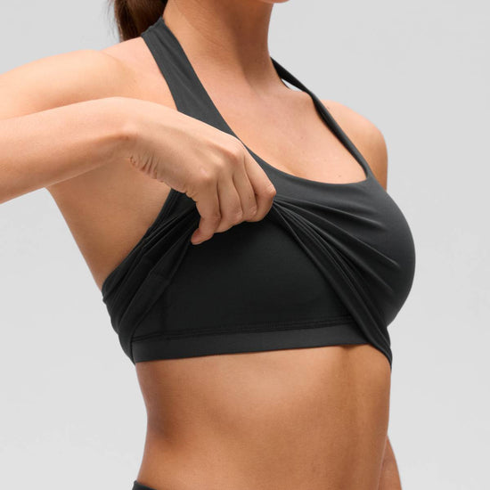 Womens Scoop Neck Longline Halter Sports Bra Black