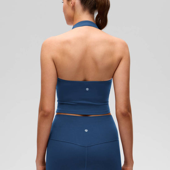 Womens Scoop Neck Longline Halter Sports Bra French Navy