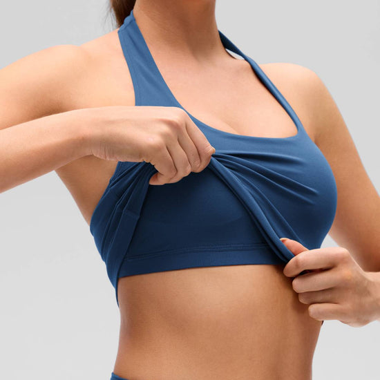 Womens Scoop Neck Longline Halter Sports Bra French Navy