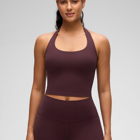 Womens Scoop Neck Longline Halter Sports Bra Ripe Plum