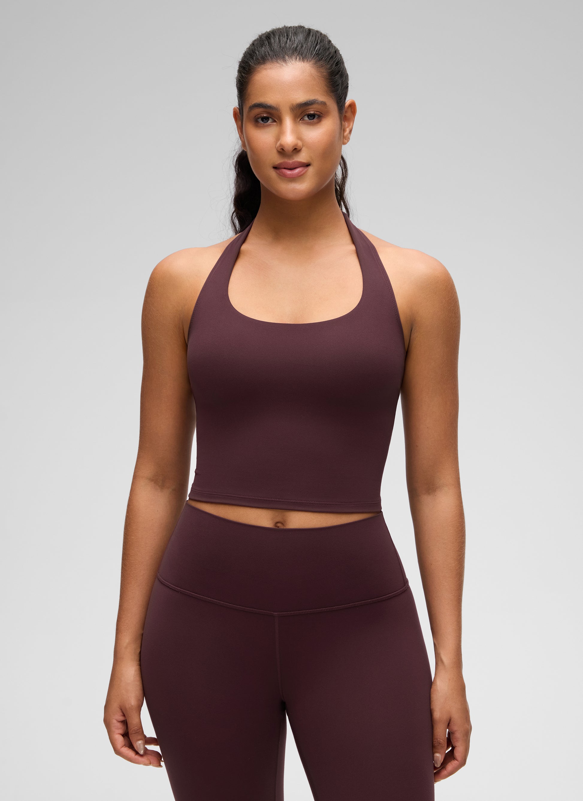 Womens Scoop Neck Longline Halter Sports Bra Ripe Plum