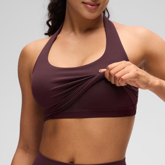 Womens Scoop Neck Longline Halter Sports Bra Ripe Plum