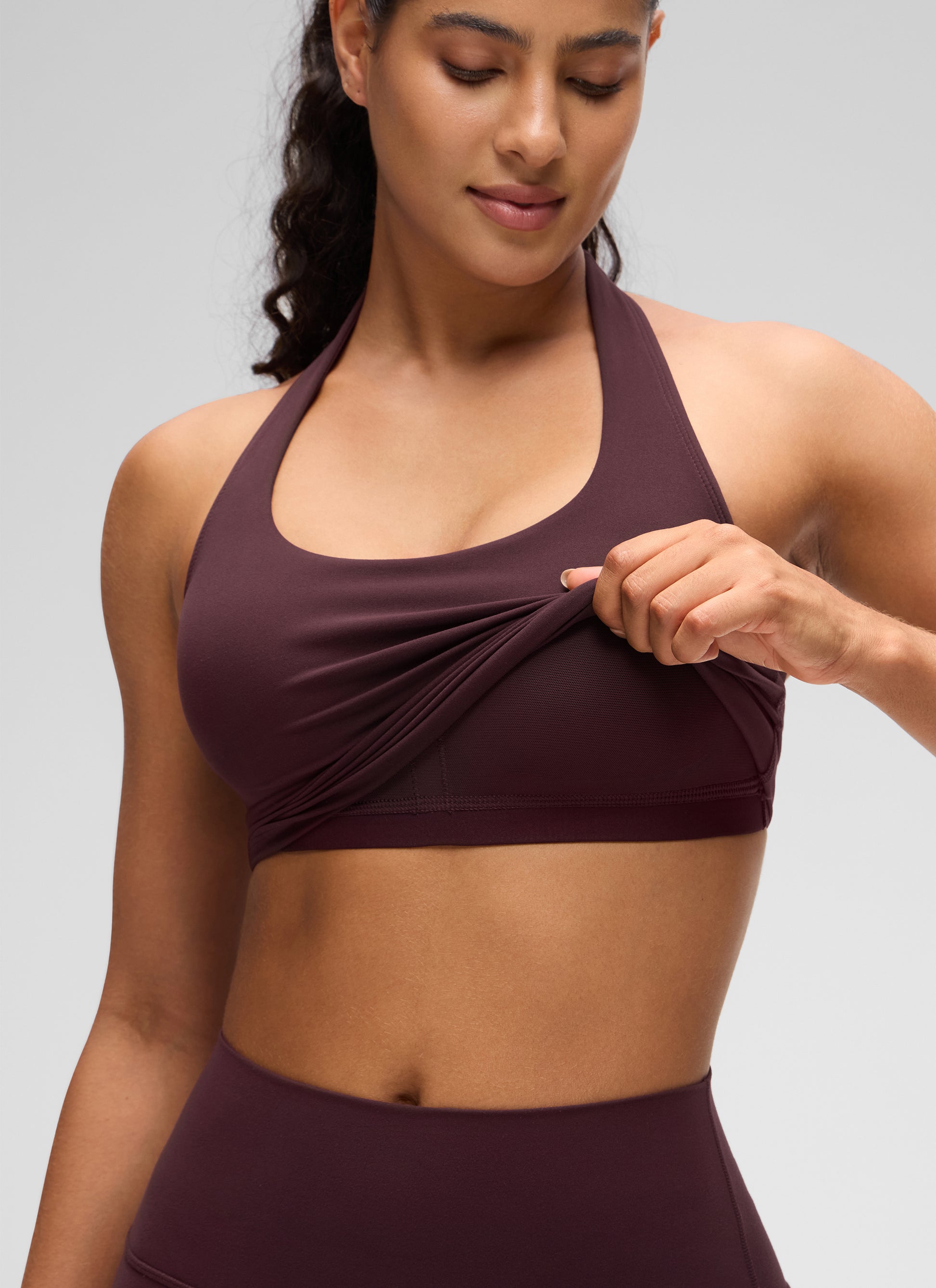 Womens Scoop Neck Longline Halter Sports Bra Ripe Plum