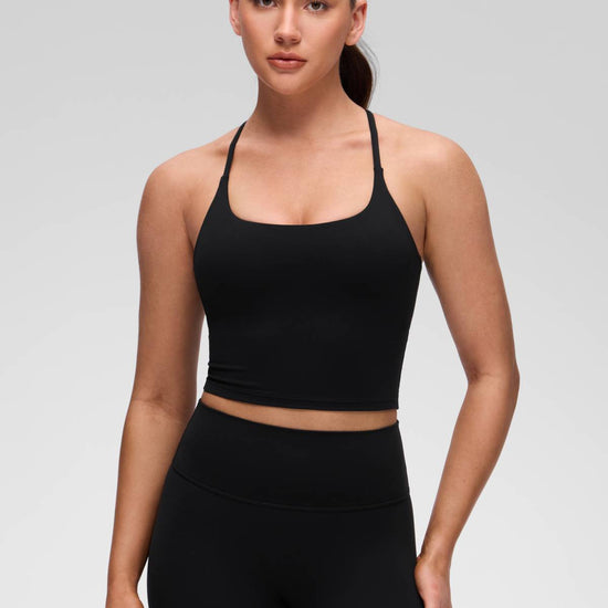 U Neck Twist Cross Back Built in Bra Tank Black