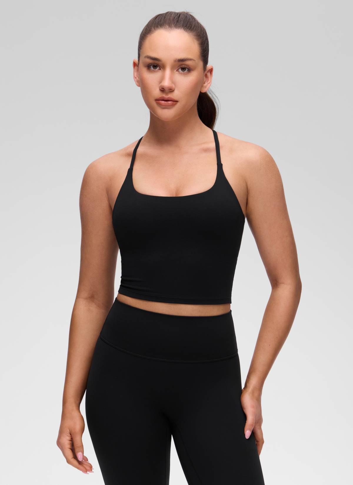 U Neck Twist Cross Back Built in Bra Tank Black