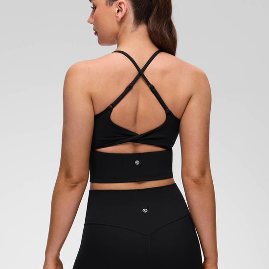 U Neck Twist Cross Back Built in Bra Tank Black