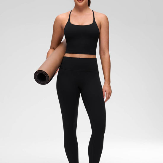 U Neck Twist Cross Back Built in Bra Tank Black