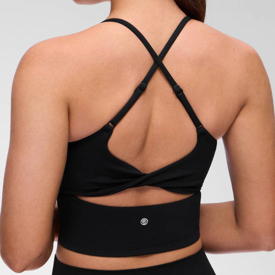 U Neck Twist Cross Back Built in Bra Tank Black
