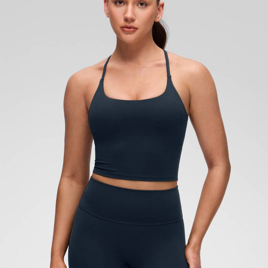 U Neck Twist Cross Back Built in Bra Tank True Navy