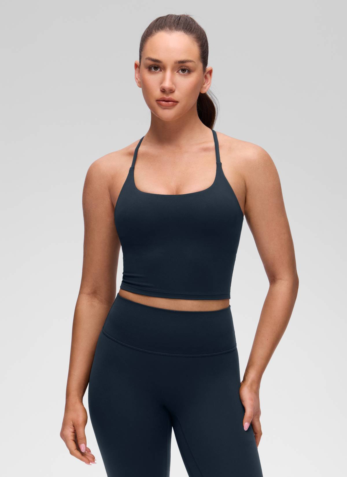 U Neck Twist Cross Back Built in Bra Tank True Navy