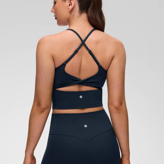 U Neck Twist Cross Back Built in Bra Tank True Navy