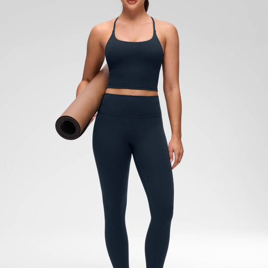 U Neck Twist Cross Back Built in Bra Tank True Navy