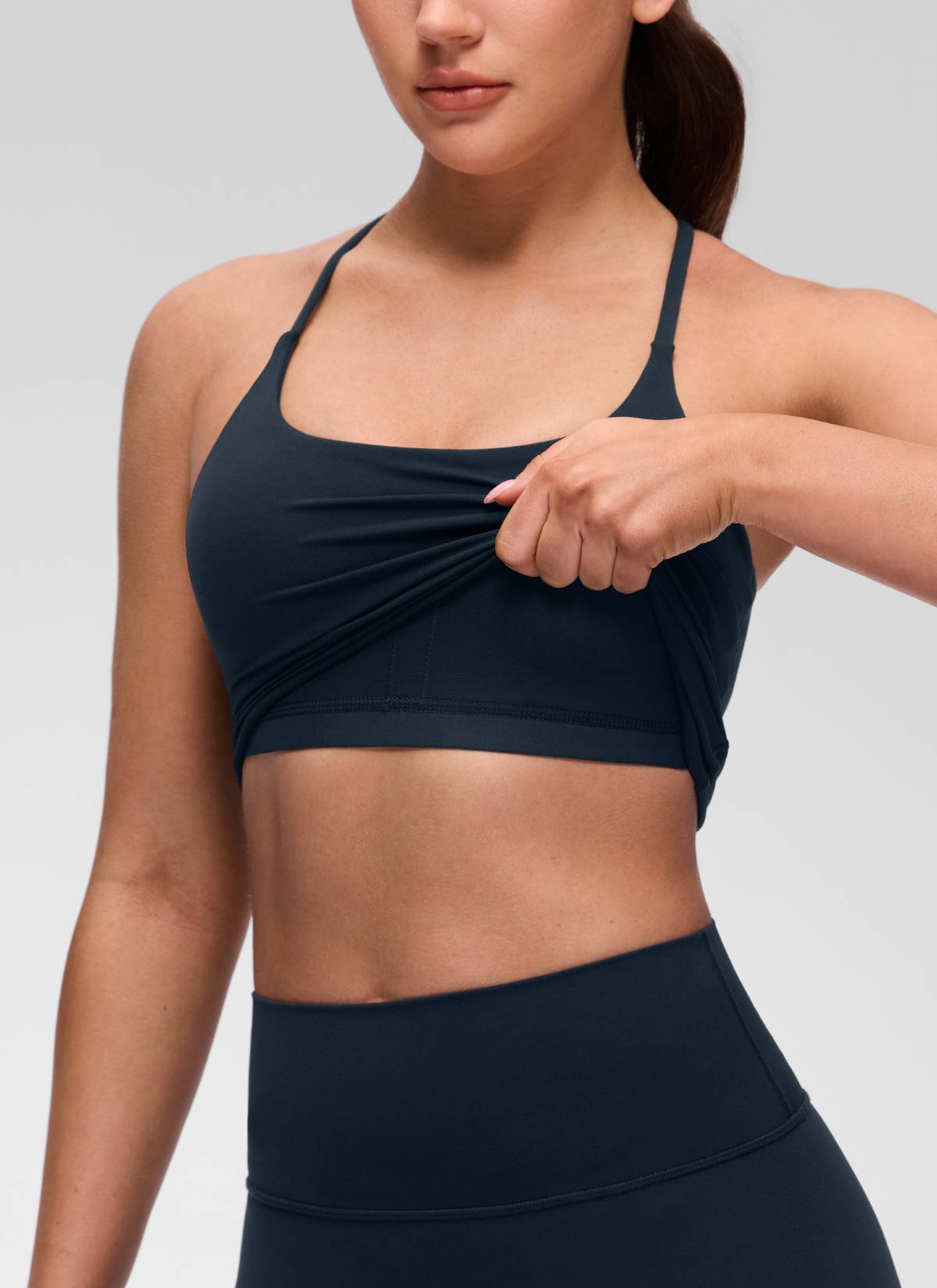 U Neck Twist Cross Back Built in Bra Tank True Navy