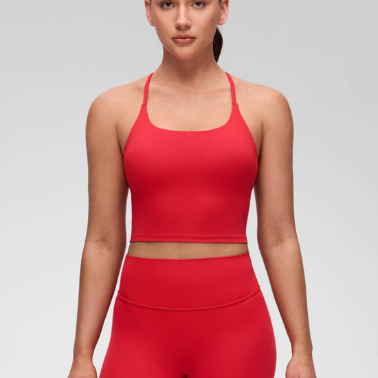 U Neck Twist Cross Back Built in Bra Tank Aurora Red