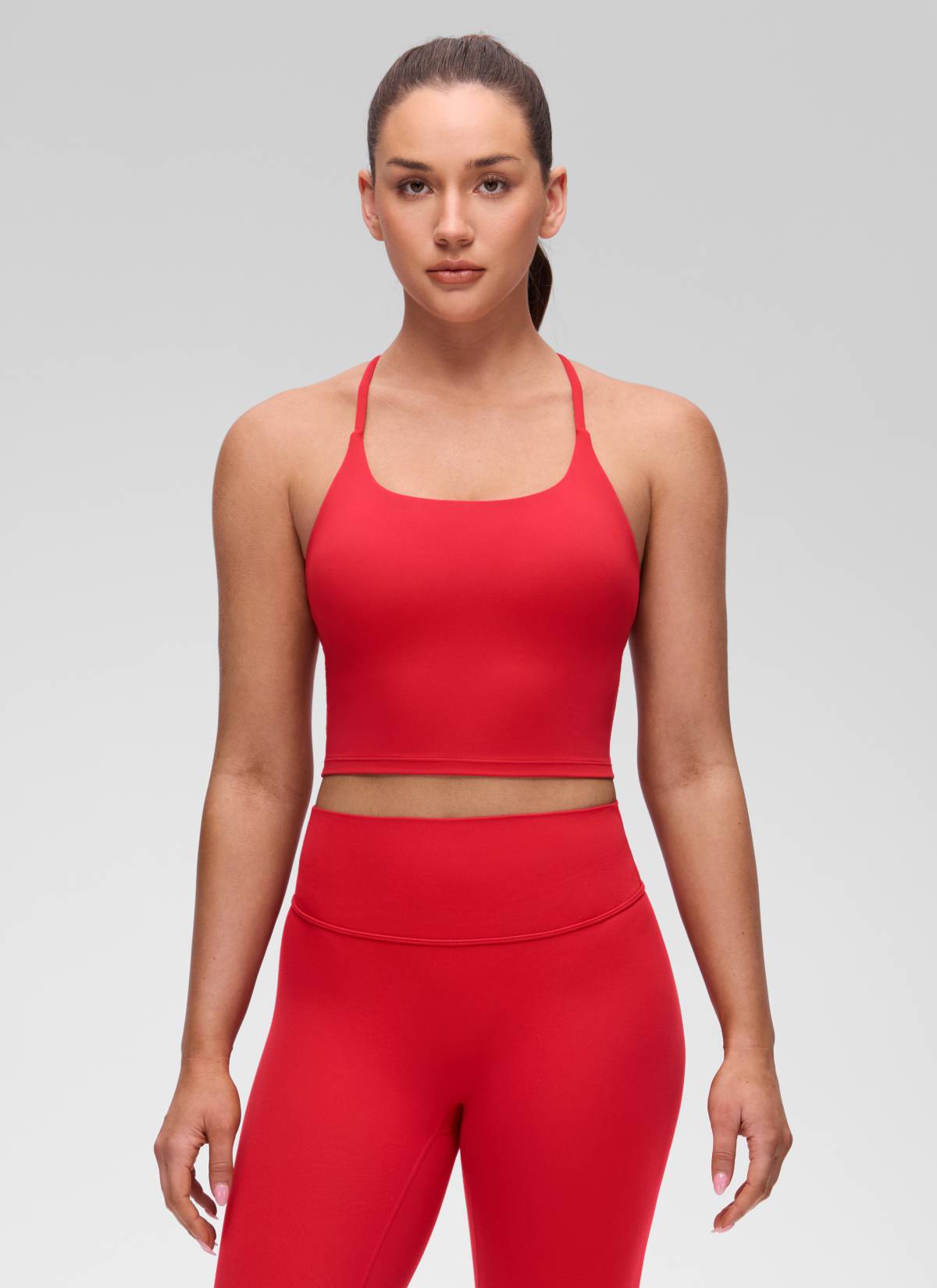 U Neck Twist Cross Back Built in Bra Tank Aurora Red