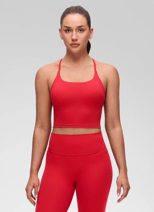 U Neck Twist Cross Back Built in Bra Tank Aurora Red