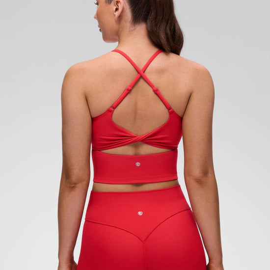 U Neck Twist Cross Back Built in Bra Tank Aurora Red
