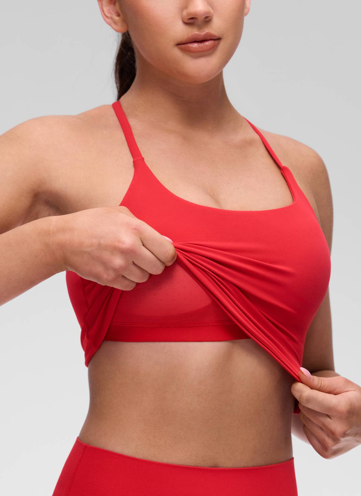 U Neck Twist Cross Back Built in Bra Tank Aurora Red