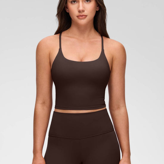 U Neck Twist Cross Back Built in Bra Tank Hot Fudge Brown