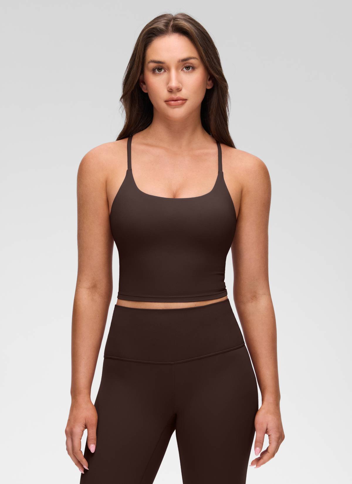 U Neck Twist Cross Back Built in Bra Tank Hot Fudge Brown