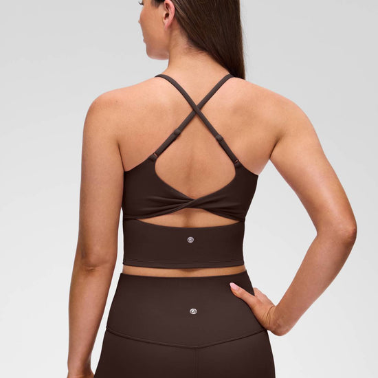 U Neck Twist Cross Back Built in Bra Tank Hot Fudge Brown