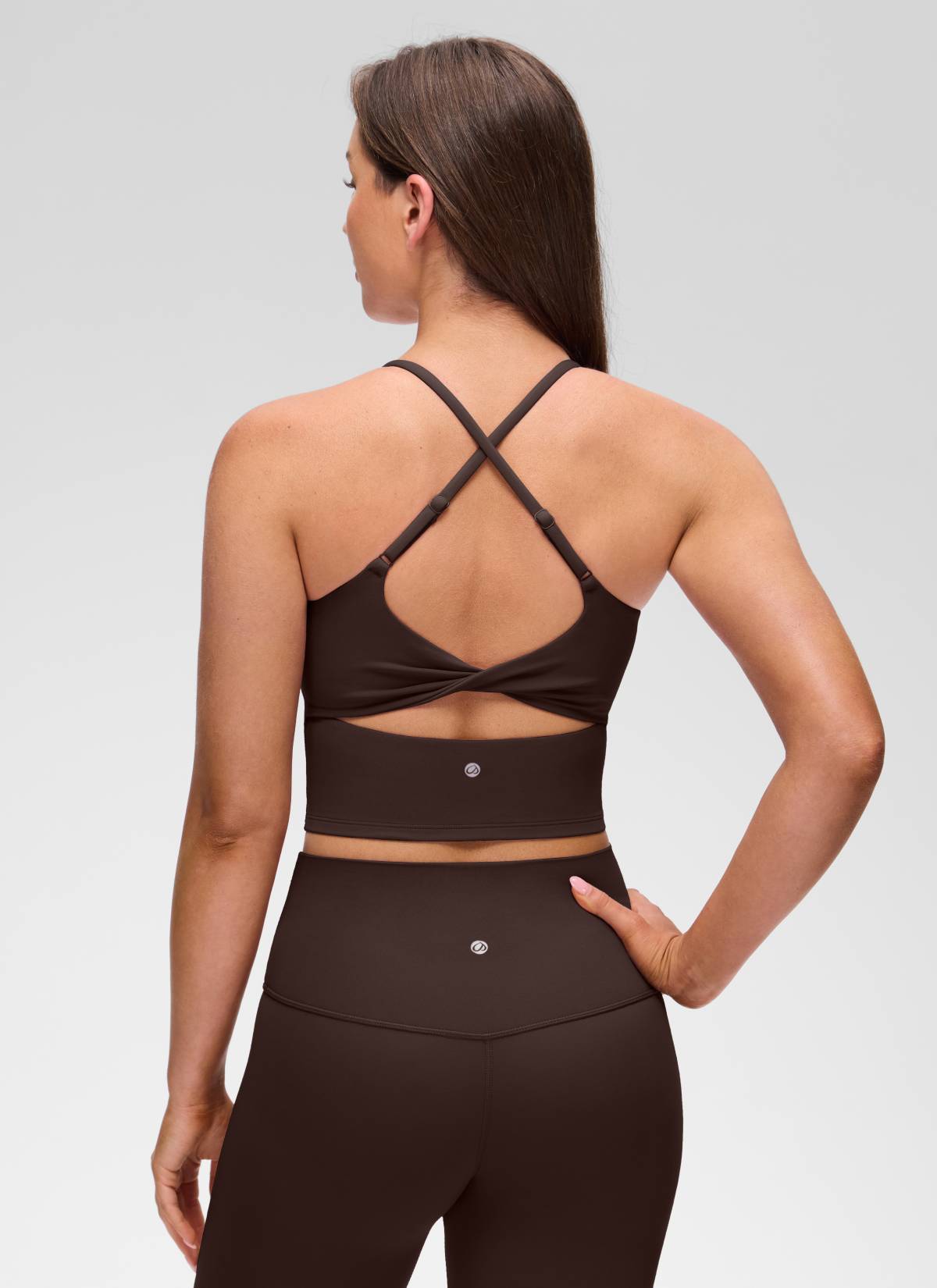 U Neck Twist Cross Back Built in Bra Tank Hot Fudge Brown