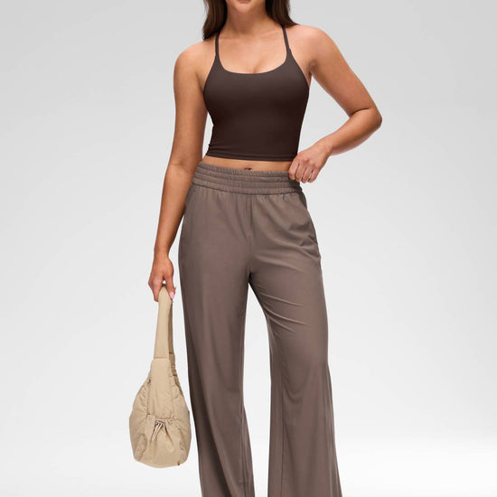 U Neck Twist Cross Back Built in Bra Tank Hot Fudge Brown