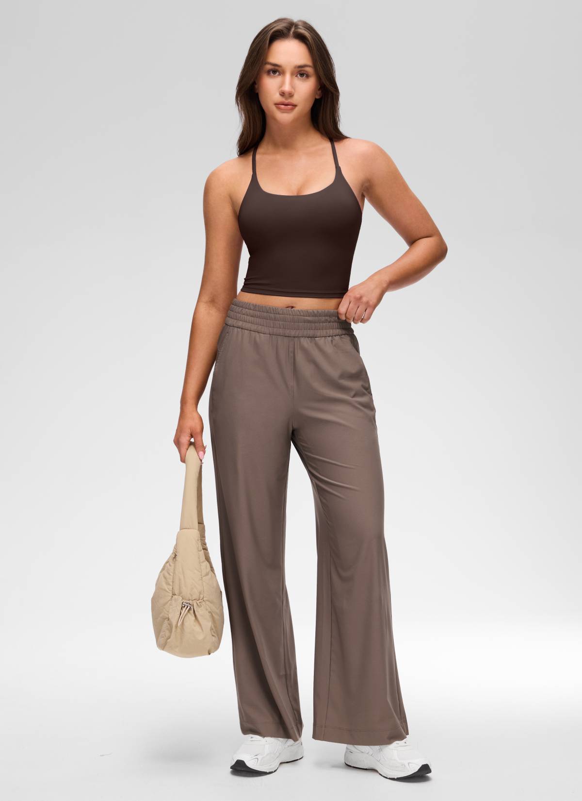 U Neck Twist Cross Back Built in Bra Tank Hot Fudge Brown