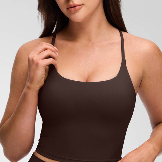 U Neck Twist Cross Back Built in Bra Tank Hot Fudge Brown