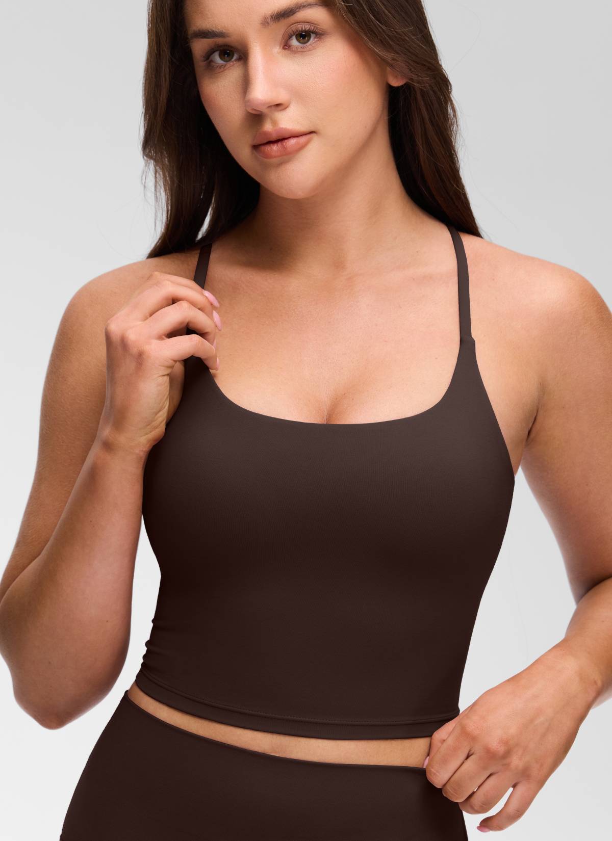 U Neck Twist Cross Back Built in Bra Tank Hot Fudge Brown