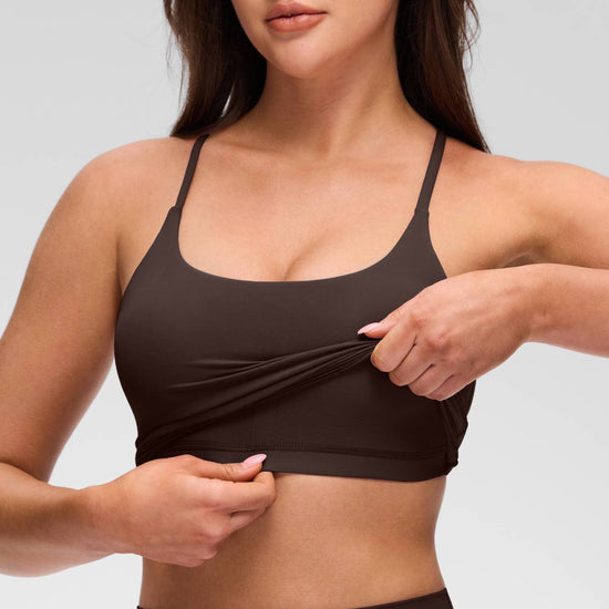 U Neck Twist Cross Back Built in Bra Tank Hot Fudge Brown