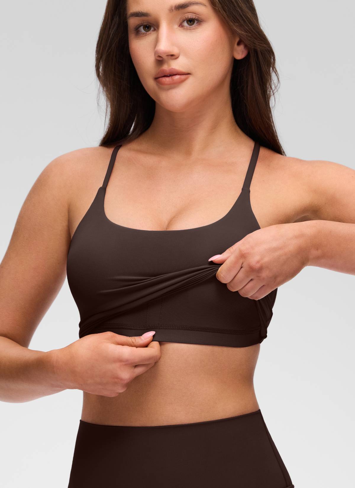 U Neck Twist Cross Back Built in Bra Tank Hot Fudge Brown