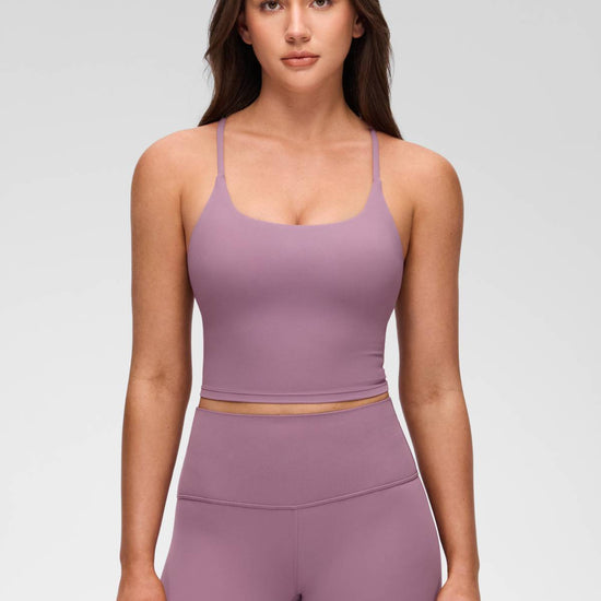 U Neck Twist Cross Back Built in Bra Tank Light Lavender