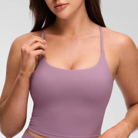 U Neck Twist Cross Back Built in Bra Tank Light Lavender