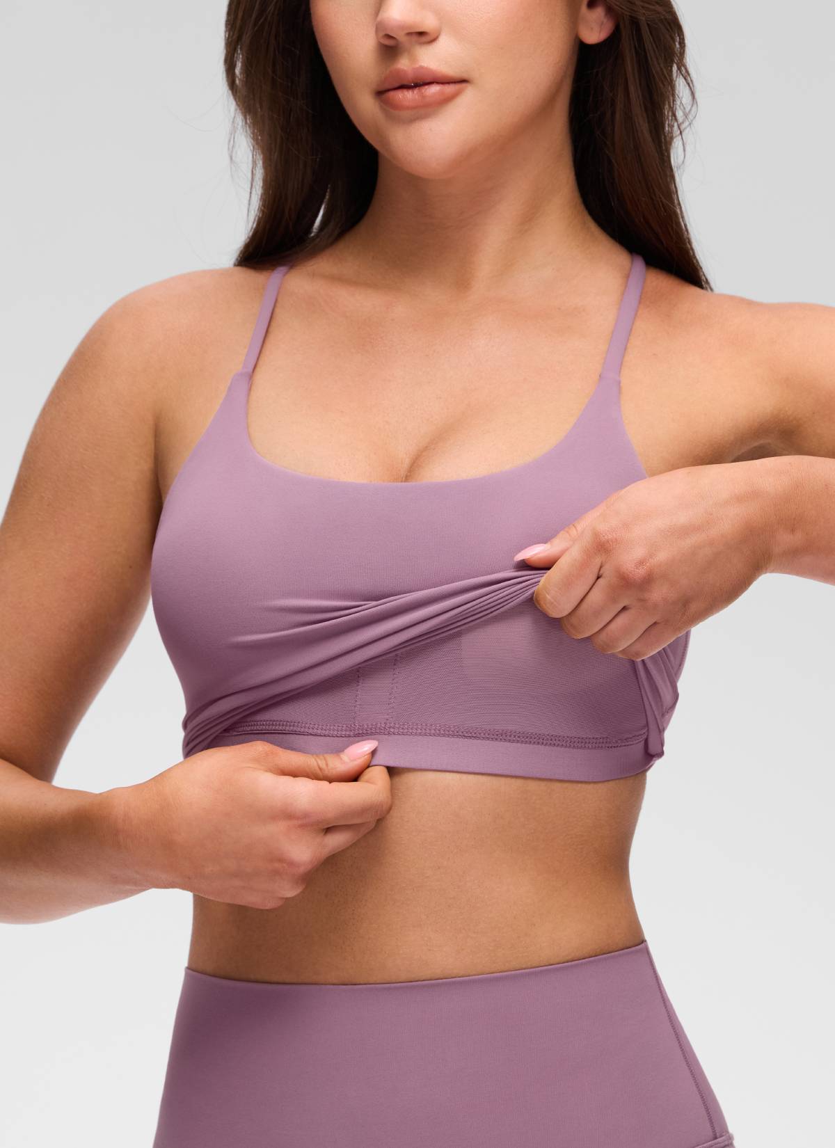 U Neck Twist Cross Back Built in Bra Tank Light Lavender