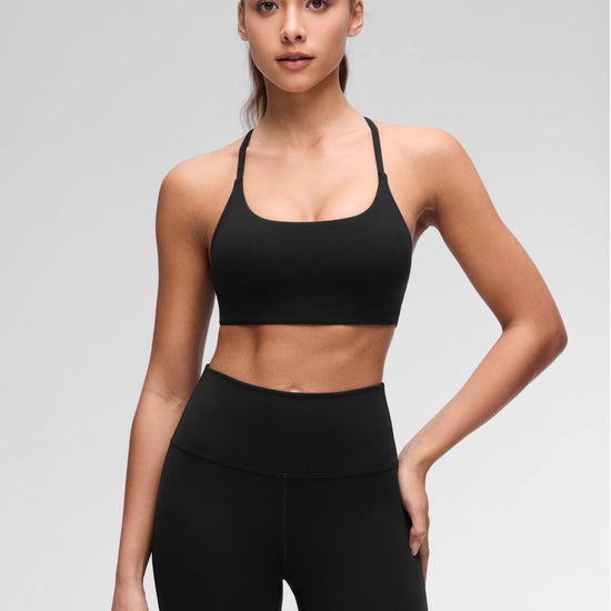 Yoga Scoop Neck Twist Cross Back Sport Bra Black