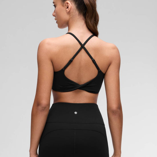 Yoga Scoop Neck Twist Cross Back Sport Bra Black