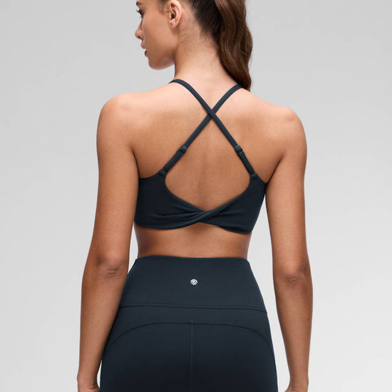 Yoga Scoop Neck Twist Cross Back Sport Bra True Navy