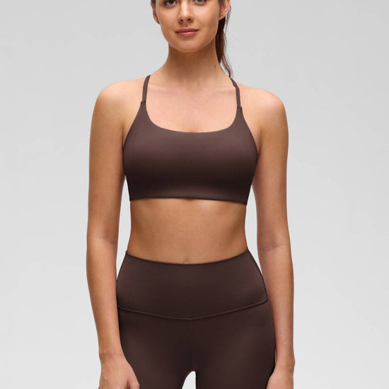 Yoga Scoop Neck Twist Cross Back Sport Bra Hot Fudge Brown