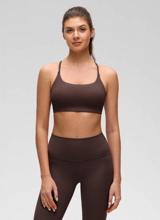 Yoga Scoop Neck Twist Cross Back Sport Bra Hot Fudge Brown
