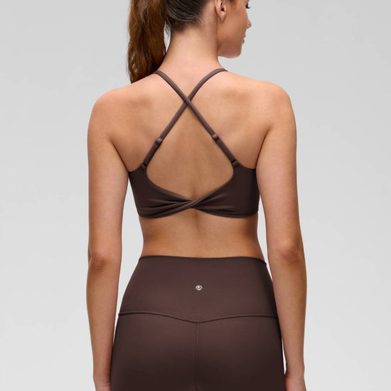 Yoga Scoop Neck Twist Cross Back Sport Bra Hot Fudge Brown