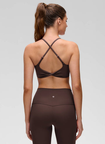 Yoga Scoop Neck Twist Cross Back Sport Bra Hot Fudge Brown