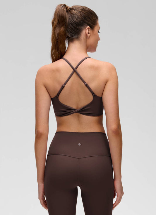 Yoga Scoop Neck Twist Cross Back Sport Bra Hot Fudge Brown