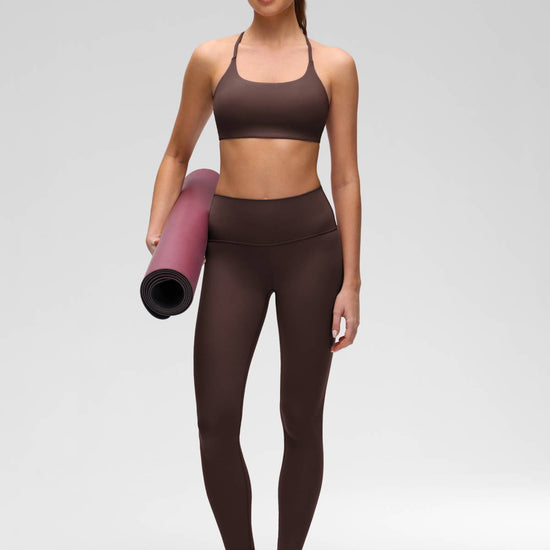 Yoga Scoop Neck Twist Cross Back Sport Bra Hot Fudge Brown