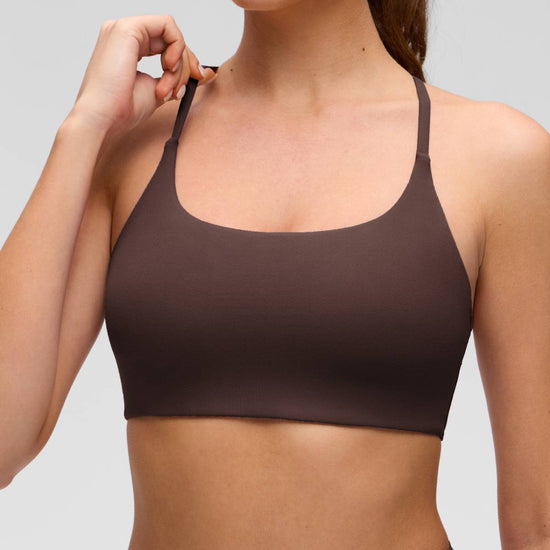 Yoga Scoop Neck Twist Cross Back Sport Bra Hot Fudge Brown